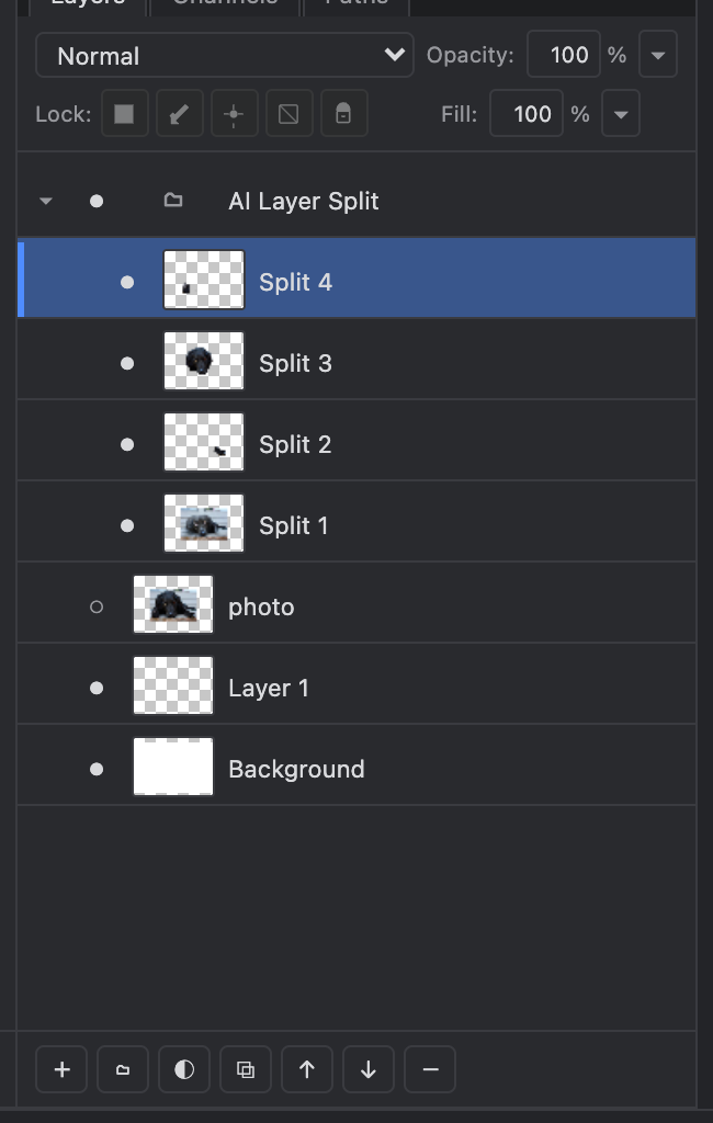 A completed AI Layer Split group above the hidden source layer