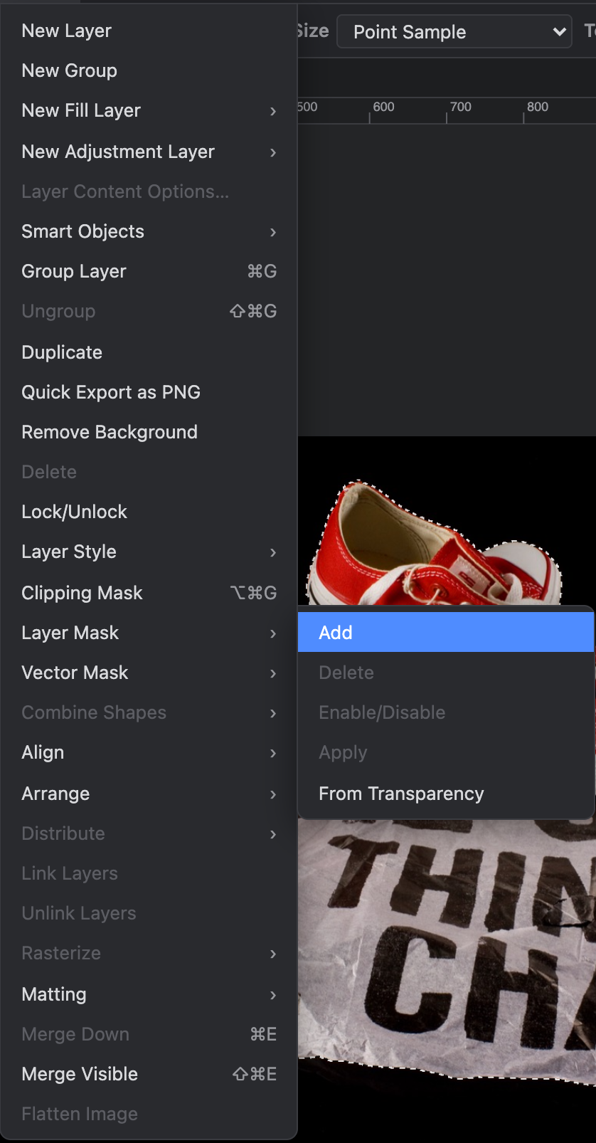 The Layer menu with Layer Mask ▸ Add highlighted