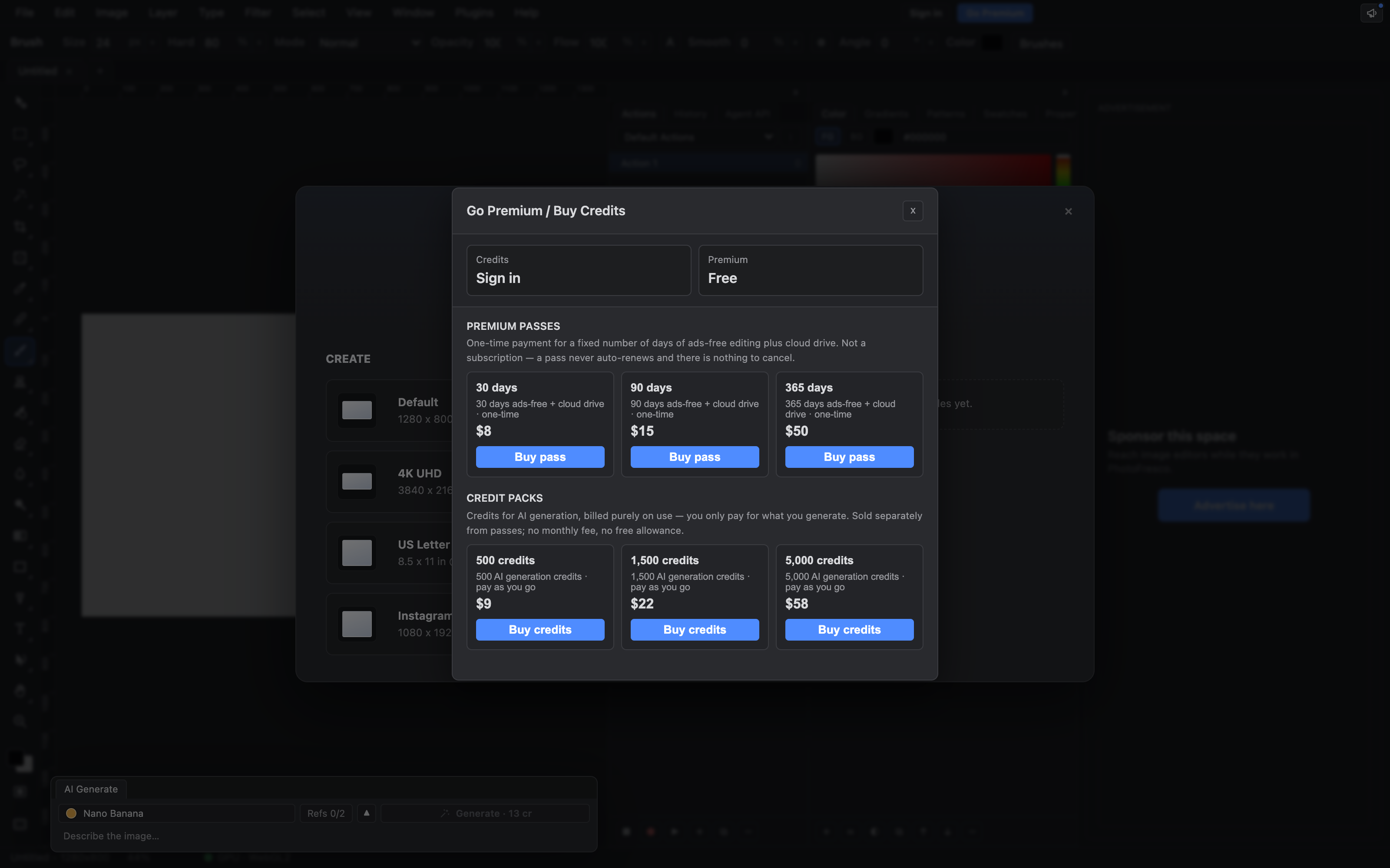 The Go Ad Free / Buy Credits dialog: the monthly ad-free subscription and credit packs for AI generation